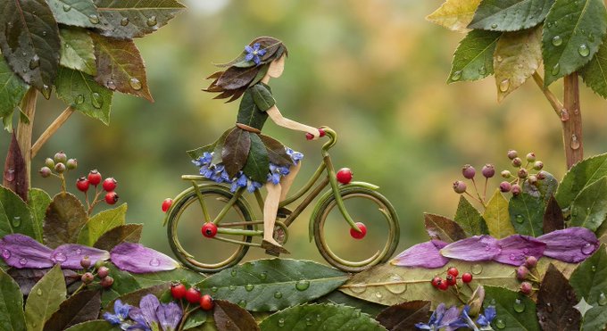 Botanical Art Collage of Girl Riding Bicycle