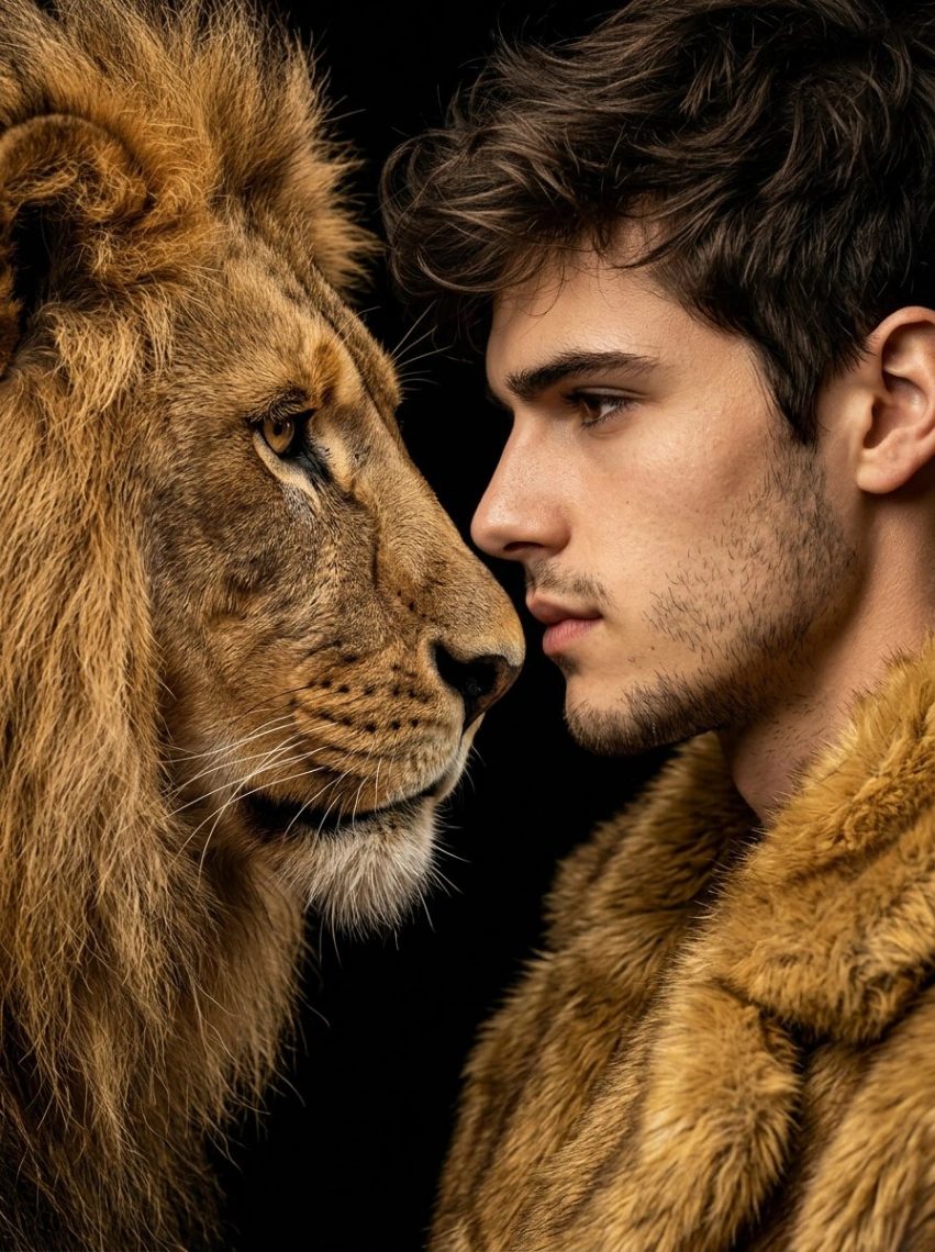 Cinematic Macro Portrait of Man and Lion