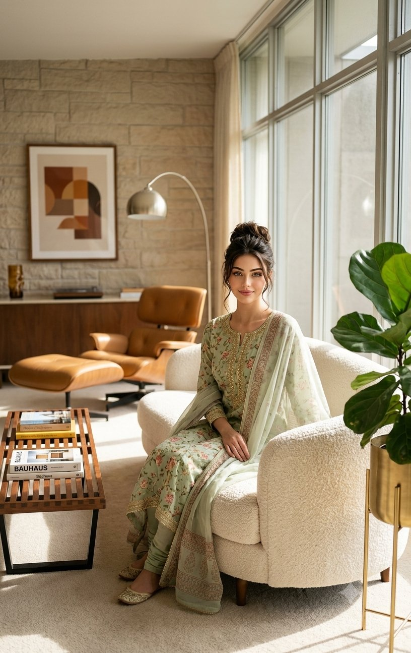 Mid-Century Modern Interior with Young Girl