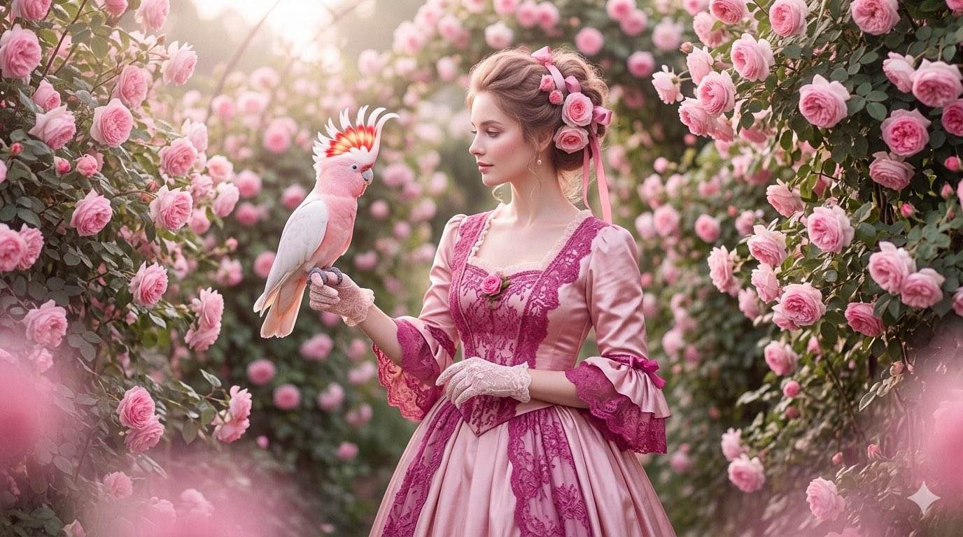 Elegant Victorian Lady with Cockatoo in Blooming Garden
