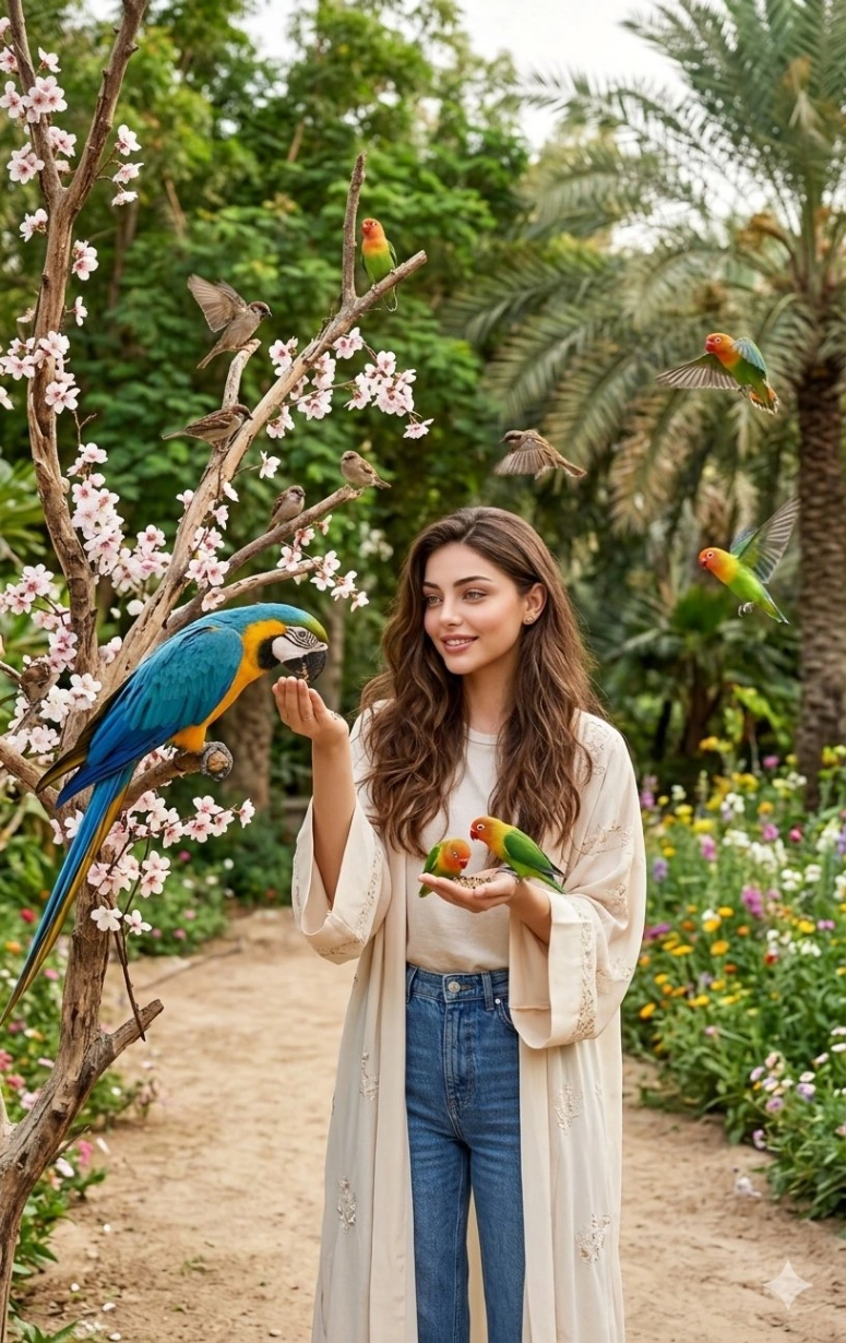 Modern Indian Woman Feeding Vibrant Macaw in Blossom Tree