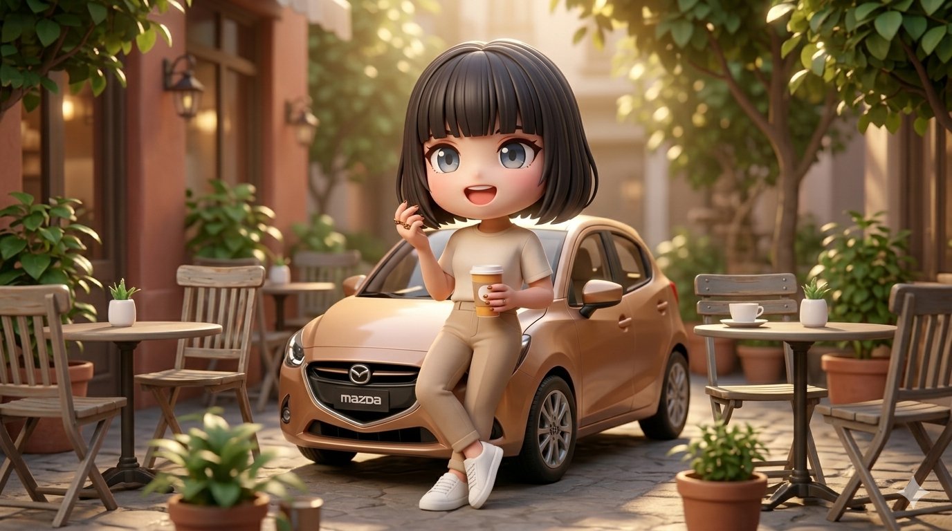 Stylized 3D Caricature of Woman with Mazda Hatchback