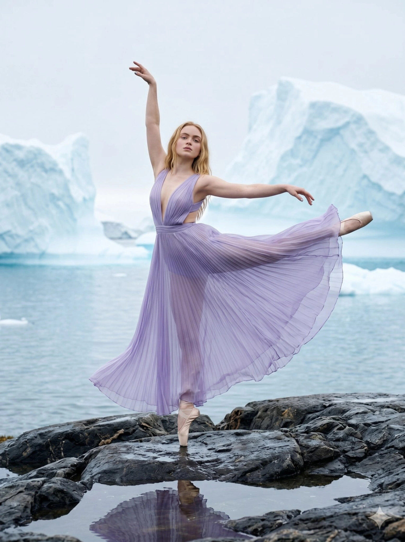 Ballerina on Coastal Rocks with Icebergs
