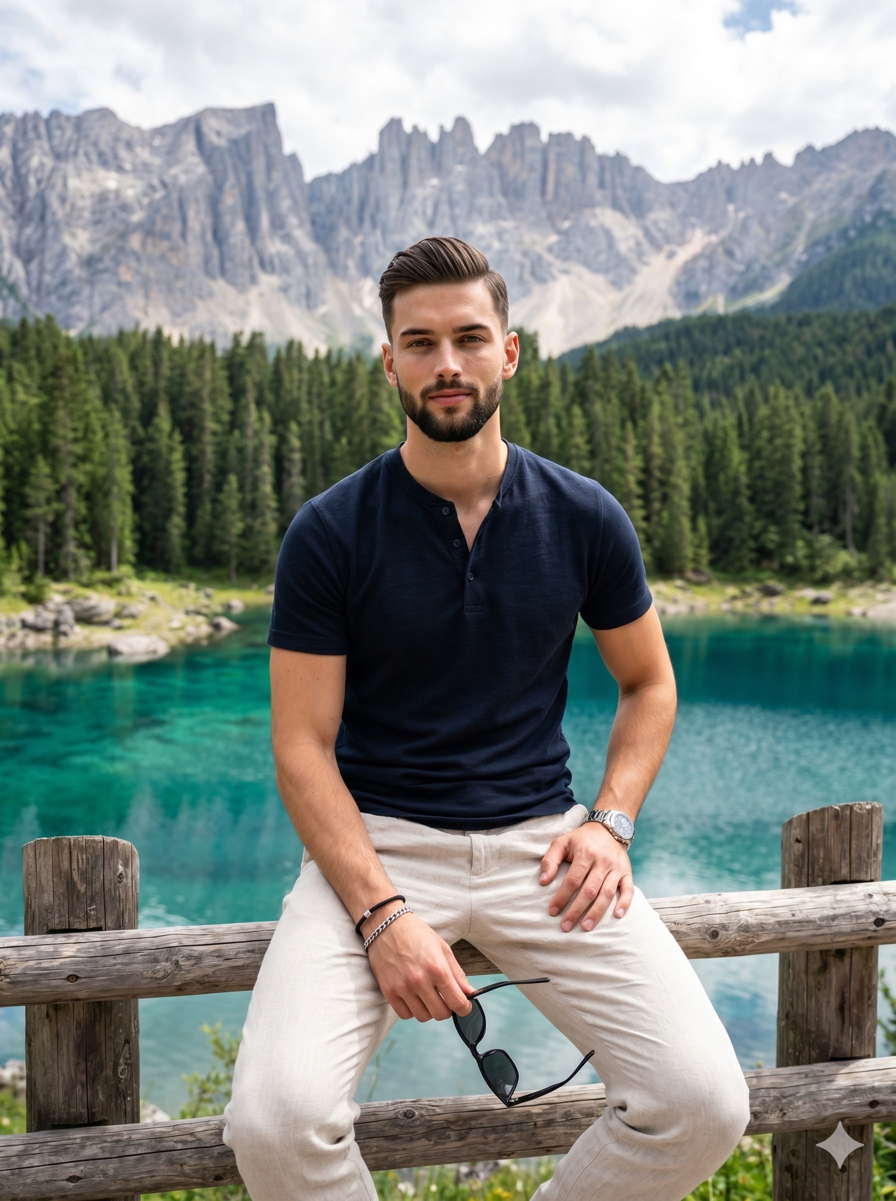 Young Man on Weathered Fence with Alpine Backdrop