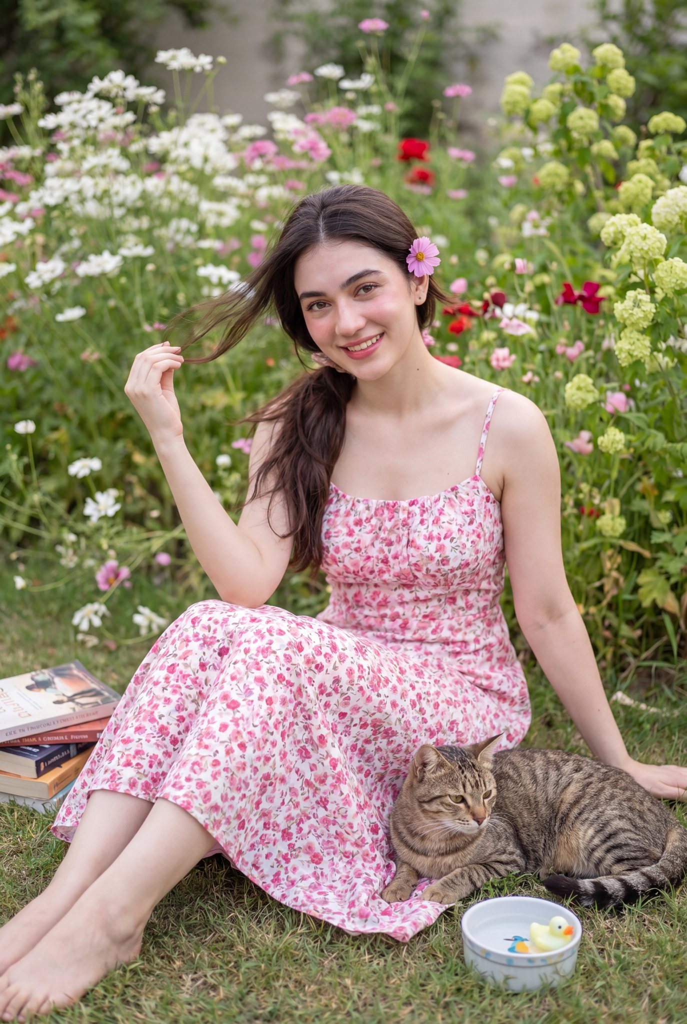 Ultra-realistic outdoor portrait in flower garden